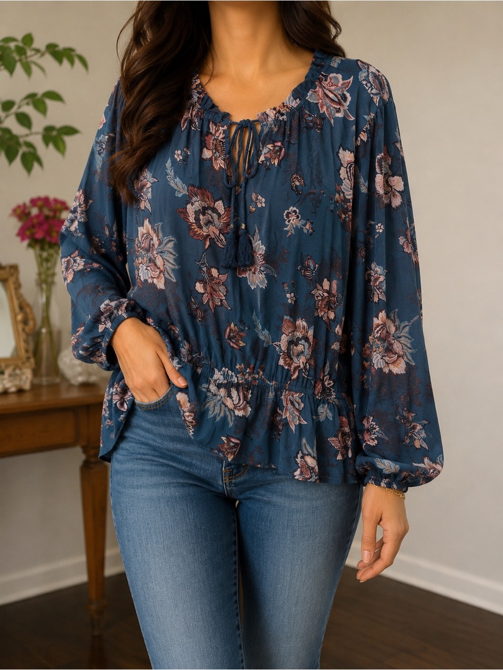 Women's Teal Floral Peasant Blouse with Tassel Tie
